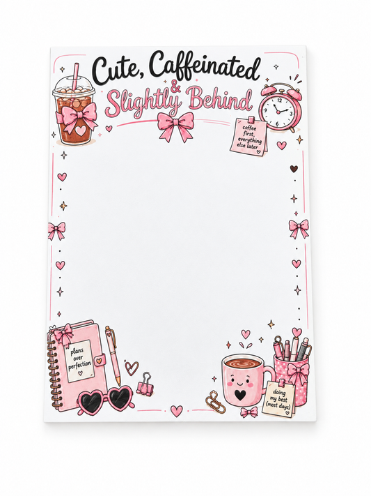 Cute, Caffeinated and Slightly Behind Notepad